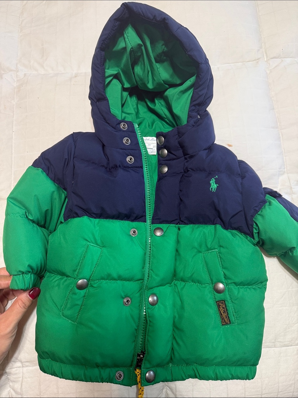 Ralph Lauren Green and Navy Hooded Kids Puffer Jacket